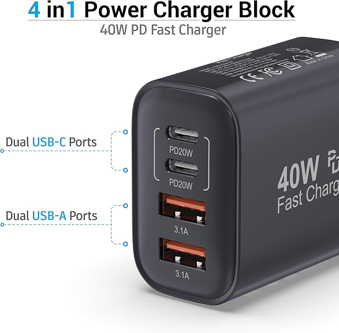 USB C Block 40W, 4 Ports Wall Plug Fast Charging Block, PD+QC Multiport Power - Image 3