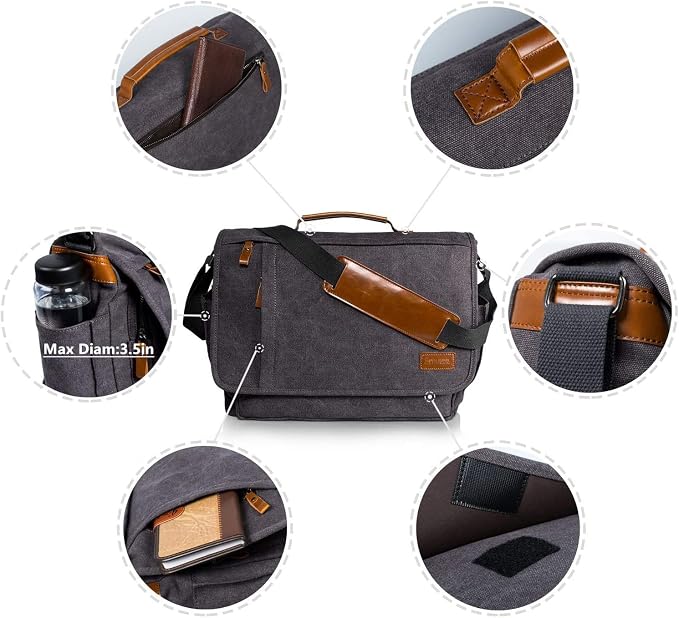 ESTARER Laptop Messenger Bag 17-17.3 Inch Water-resistant Canvas Shoulder Bag - Image 6