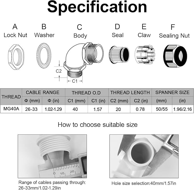 LeMotech M40 Cable Gland, 90 Degree Adjustable 26-33mm Cable Range Strain Relief - Image 2