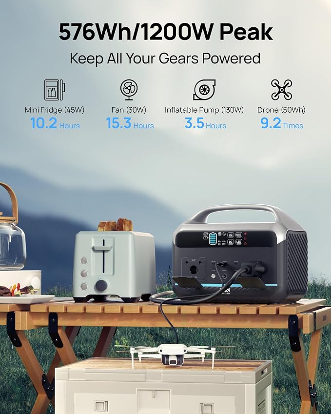 Portable Power Station 1200W Peak, 576Wh Solar Generator, LiFePO4 Battery - Image 3