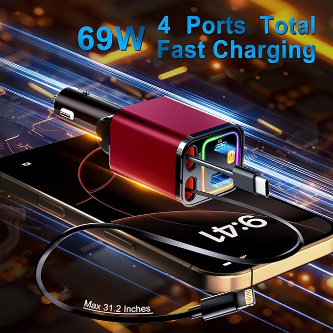 4 in 1 Retractable Car Charger, 69W Car Charger USB C, Cigarette Lighter Adapter - Image 2