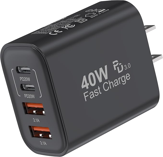USB C Block 40W, 4 Ports Wall Plug Fast Charging Block, PD+QC Multiport Power by TTC