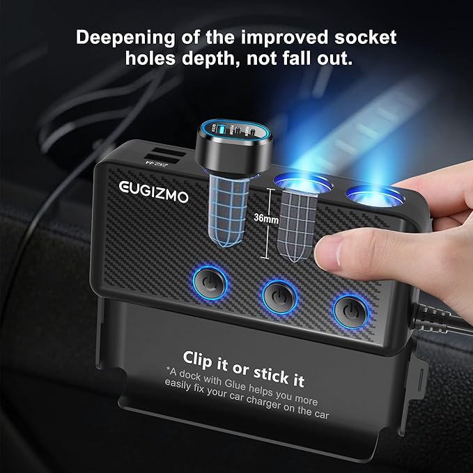 Cigarette Lighter Adapter, 222W 3 Socket Car Cigarette Lighter Plug USB Charger - Image 7