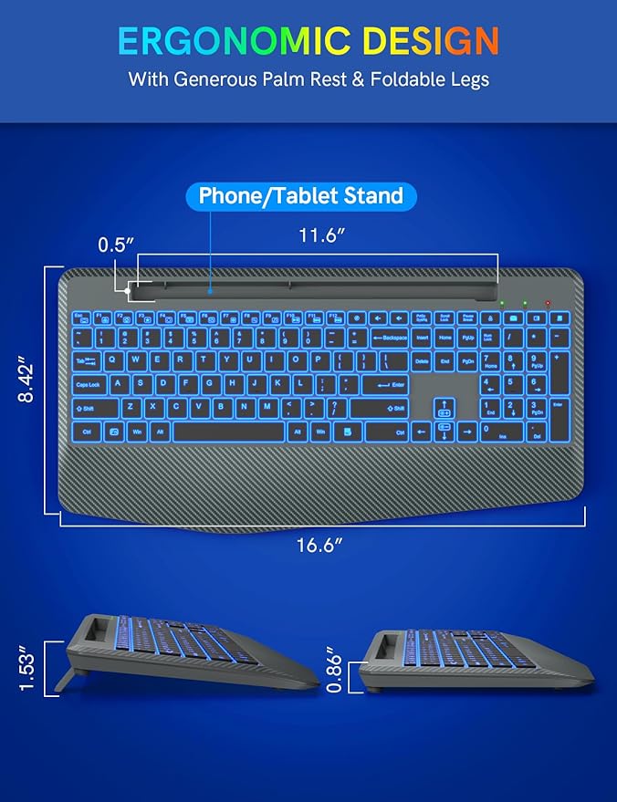 Wireless Keyboard with 7 Colored Backlit, Wrist Rest, Phone Holder, - Image 6