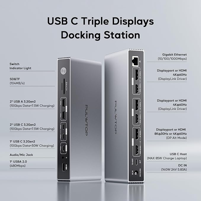 Displaylink Docking Station, PULWTOP USB C DisplayLink Dock Triple Displays - Image 2