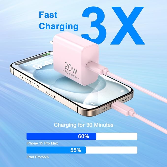 Matsusho iPhone 16 15 Charger Fast Charging 10 FT, 2 Pack 20W USB C Wall Charger - Image 3