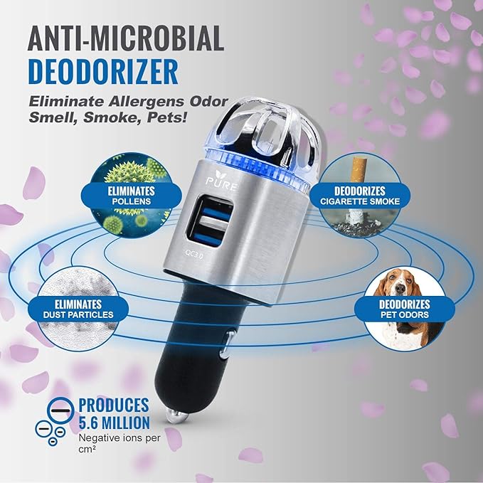 Car Air Purifier 3in1 Premium Stainless Steel Air Filter Ionizer w/Dual USB - Image 2