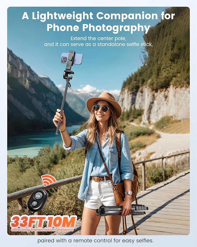 73"-Phone-Tripod-with-Horizontal-Overhead, Selfie Stick/Tall Travel Stand - Image 5