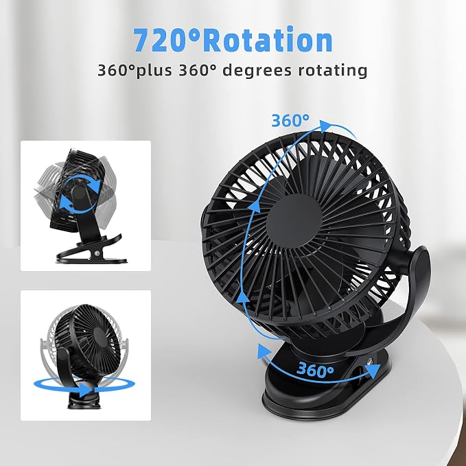 ATEngeus Rechargeable Clip-on USB Desk Fan, 3 Speeds, 5000mAh Battery, - Image 3