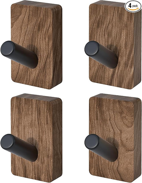 4 PCS Black Walnut Wood Wall Hooks, Adhesive Mounted & Wall Mounted Rustic by IURRDOP