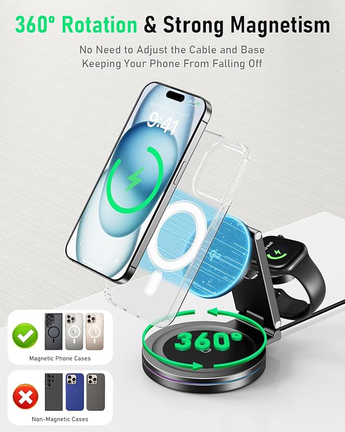 2025 Upgraded Qi2 Foldable 360º Rotatable Zinc Alloy 3 in 1 Magnetic Wireless - Image 4