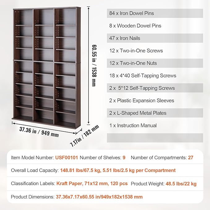 VEVOR Media Storage Cabinet, 9-Layer DVD Shelf Holds up to 756 CDs, Adjustable - Image 3