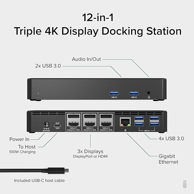 Plugable 12-in-1 USB C Triple Monitor Docking Station, Triple 4K Displays - Image 2