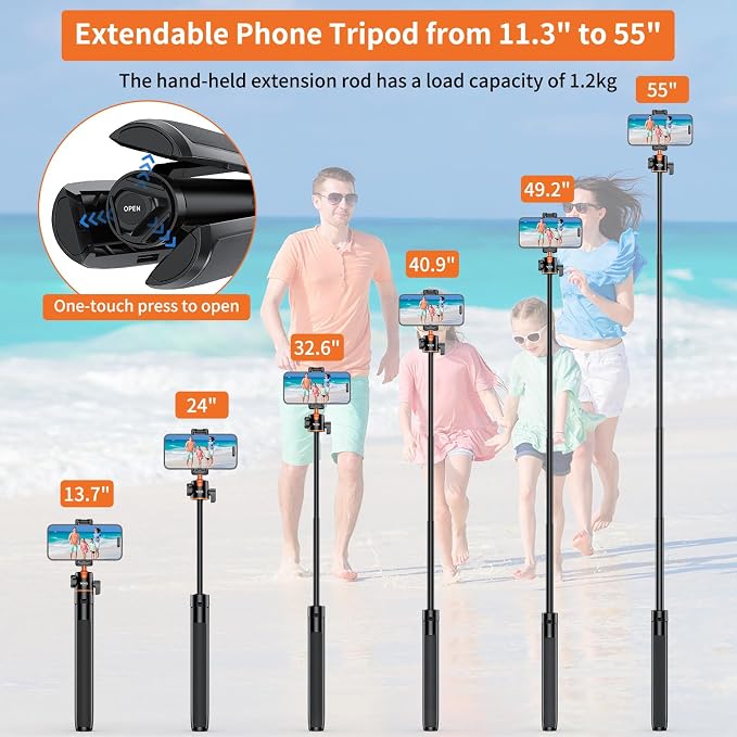 VRIG TP16 Camera Tripod, 55 inch Extendable Phone Selfie Stick Camera Tripod - Image 3