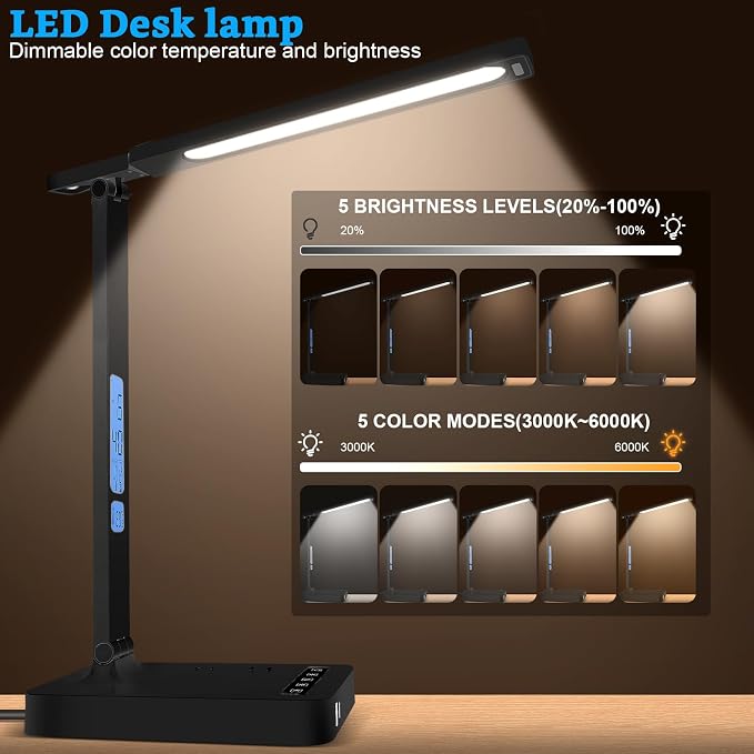 Smart Desk Lamp with Dual USB Charging & 2 AC Outlets, Digital Clock, - Image 2