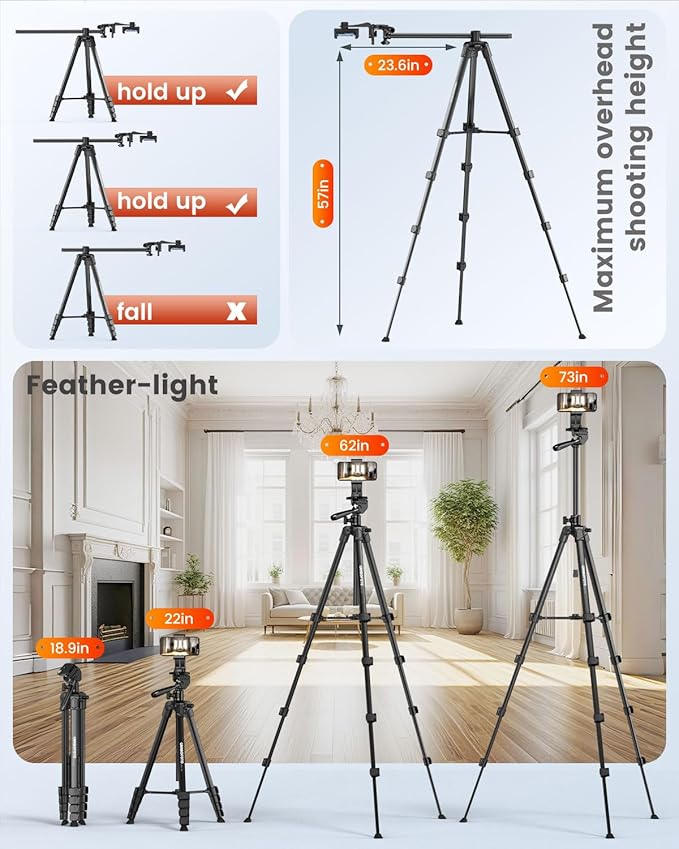 73"-Phone-Tripod-with-Horizontal-Overhead, Selfie Stick/Tall Travel Stand - Image 3