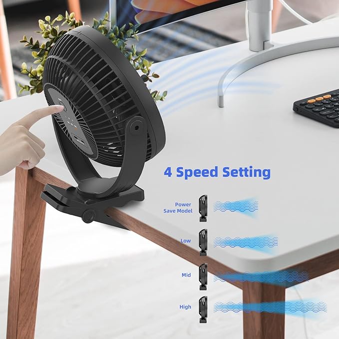 ATEngeus USB Desk Fan, Rechargeable Portable Fan, 8-Inch Clip on Fan, 10000mAh - Image 2