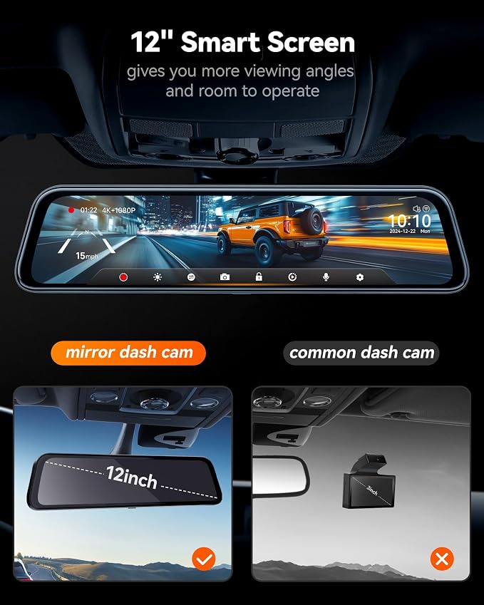 WOLFBOX G840S 12" 4K Mirror Dash Cam Backup Camera, 5.8GHz WiFi Smart Rearview - Image 10