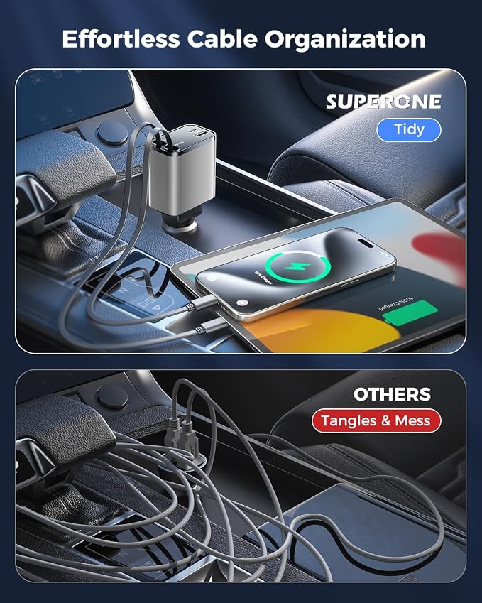 4 in 1 Retractable Car Charger, SUPERONE Smaller Fast Car Phone Charger 69W - Image 2