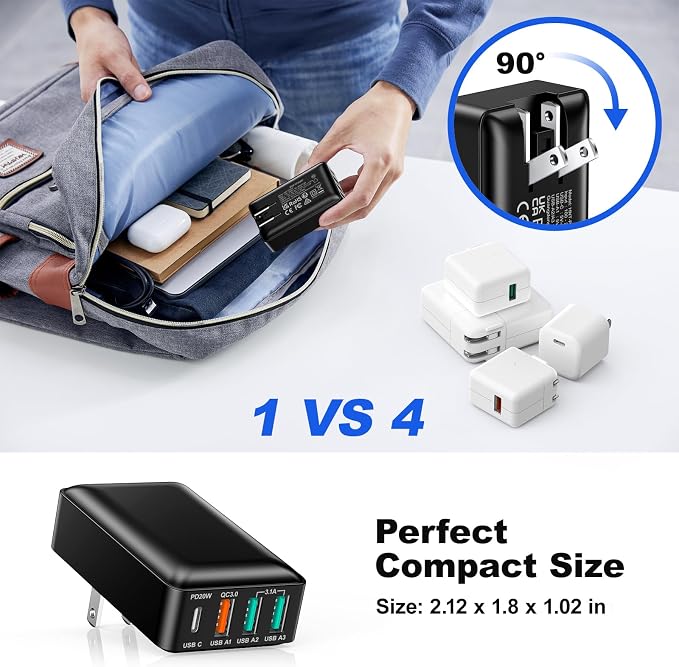 USB C Wall Charger 40W, Excgood 4Port USB Charging Block Flat Foladable Wall - Image 6