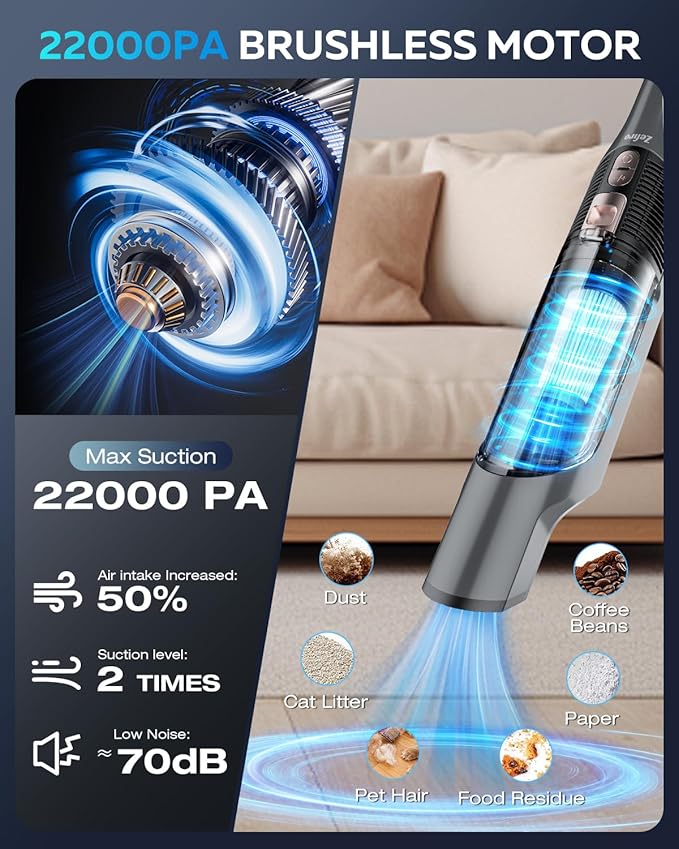 Zefiro Handheld Car Vacuum Cleaner, 22KPa Hand Held Vacuum Cordless Rechargeable - Image 3