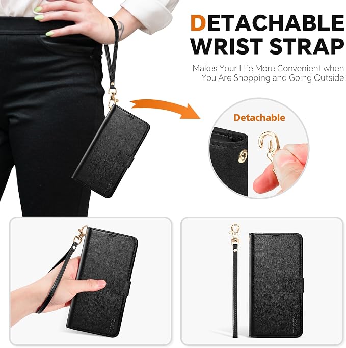 TUCCH Wallet Case for Galaxy S25 Ultra, 2 in 1 Wrist Strap RFID Blocking 4 Card - Image 6