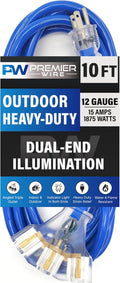 10 ft - 12 Gauge Heavy Duty Extension Cord - Lighted on Both Ends - SJTW Blue - by PremierWire