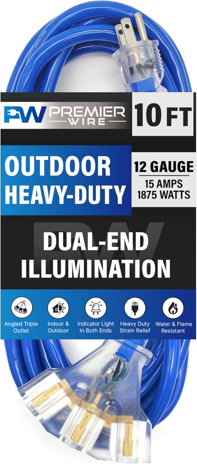 10 ft - 12 Gauge Heavy Duty Extension Cord - Lighted on Both Ends - SJTW Blue - by PremierWire