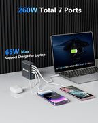 Aluminum Alloy 260W USB C Charger GaN Fast USB C Charging Station 7 Ports 65W - Image 2