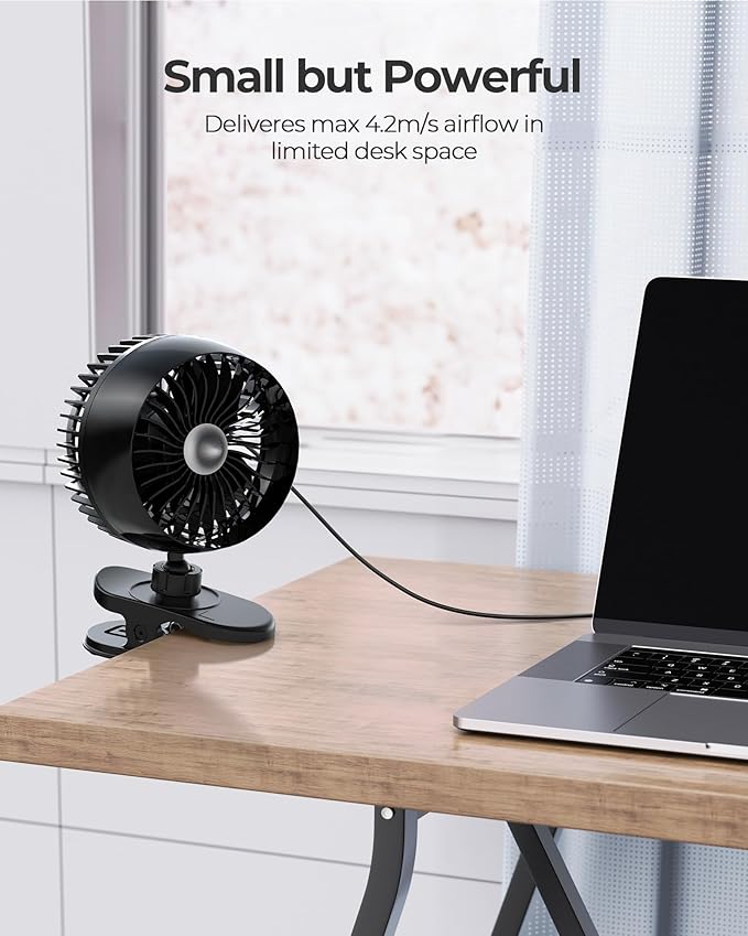 Koonie USB Clip on Fan, Strong Wind Ultra Quiet Small Desk Fan - Image 2