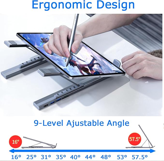 Laptop iPad USB C Docking Station Stand, Aluminum Tablet Holder, 8 in 1 USB C - Image 4