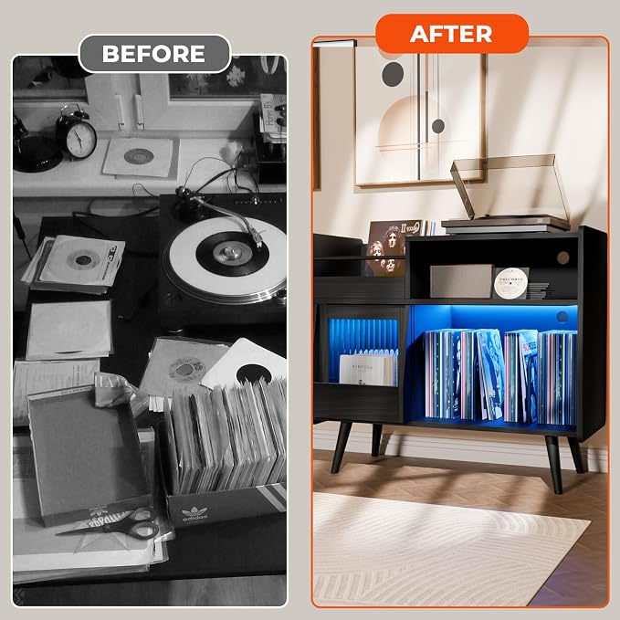 Large Record Player Stand with Sliding Door, 350 Vinyl Record Storage Cabinet - Image 6