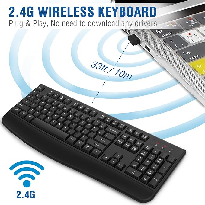EDJO Wireless Keyboard, 2.4G Ergonomic Full Size Wireless Computer Keyboard - Image 3