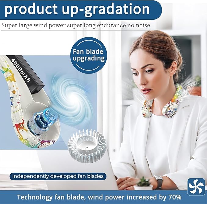 Neck Fan, Bladeless Neck Fan, USB Rechargeable Personal Fan, 4000 mAh Battery - Image 2