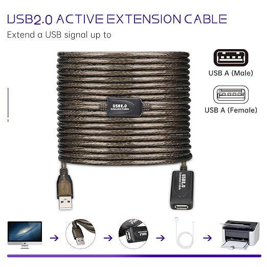 65 FT USB Extension Cable, USB 2.0 Type A Male to A Female Active Repeater - Image 5