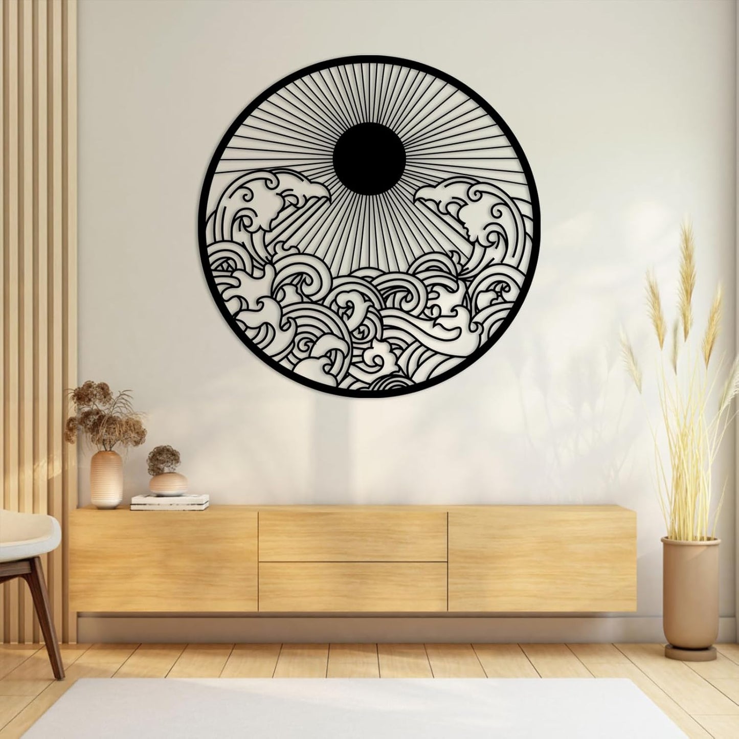 flyoak Metal Sun Wall Decor Outdoor, Sunrise Metal Wall Art, Metal Wave Wall Art, Sunrise and Wave Wall Decor, Sunburst Wall Art, Sunset Wall Art, Wall Hangings for Bedroom (White, 19x19in|47x47cm)