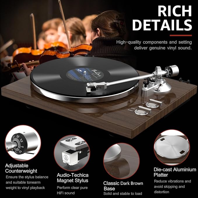 Turntable Record Player Wireless Output Vinyl Players Aluminium Platter and - Image 4