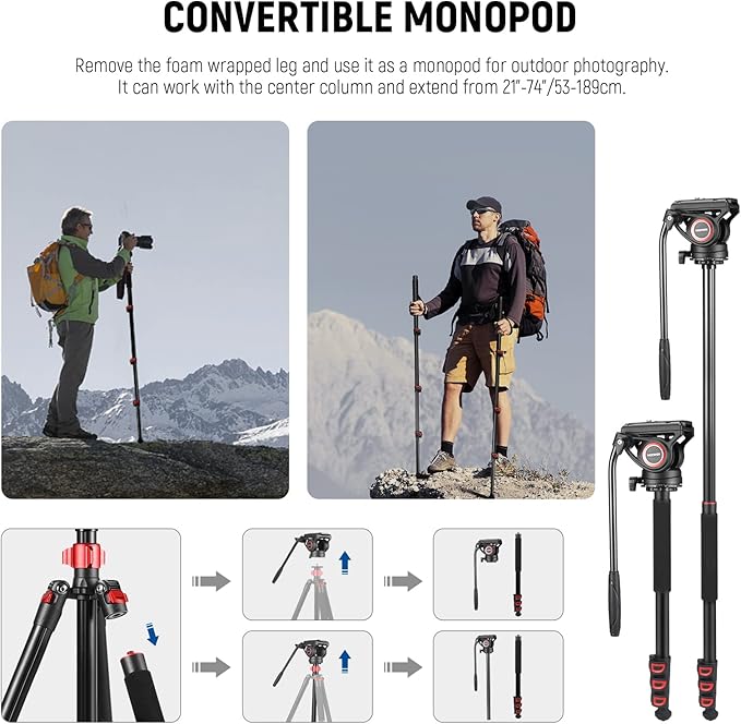 NEEWER 72" Fluid Head Video Tripod Monopod, Aluminum Alloy QR Plate Compatible - Image 5