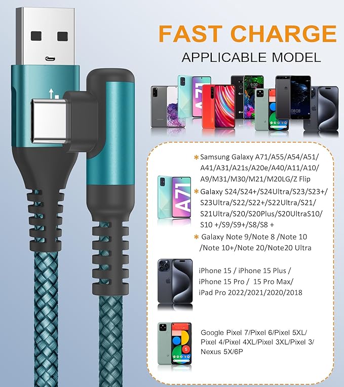 sweguard USB C Cable Right Angle, USB Type C iPhone 16 Charger Cable Nylon - Image 2