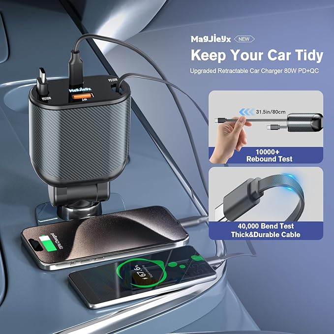 Retractable Car Charger for 4 in 1 Fast Charging Max 80W【ONLY 2 Type-C Charging - Image 3