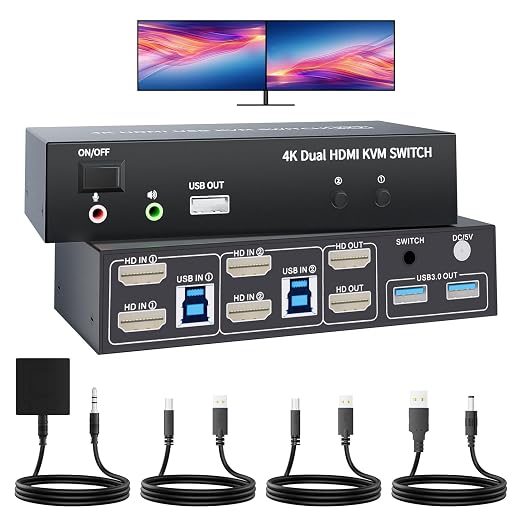 HDMI KVM Switch 2 Monitors 2 Computers 4K@60Hz USB 3.0 KVM Switcher Share Dual by BolAAzuL
