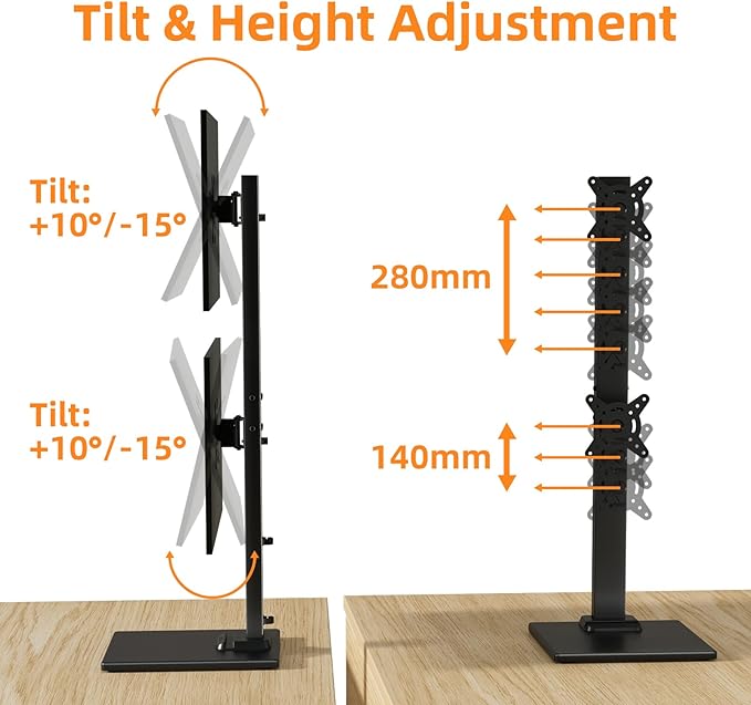 Suptek Dual Monitor Stand with Base- Vertical Stack Screen Free-Standing - Image 3