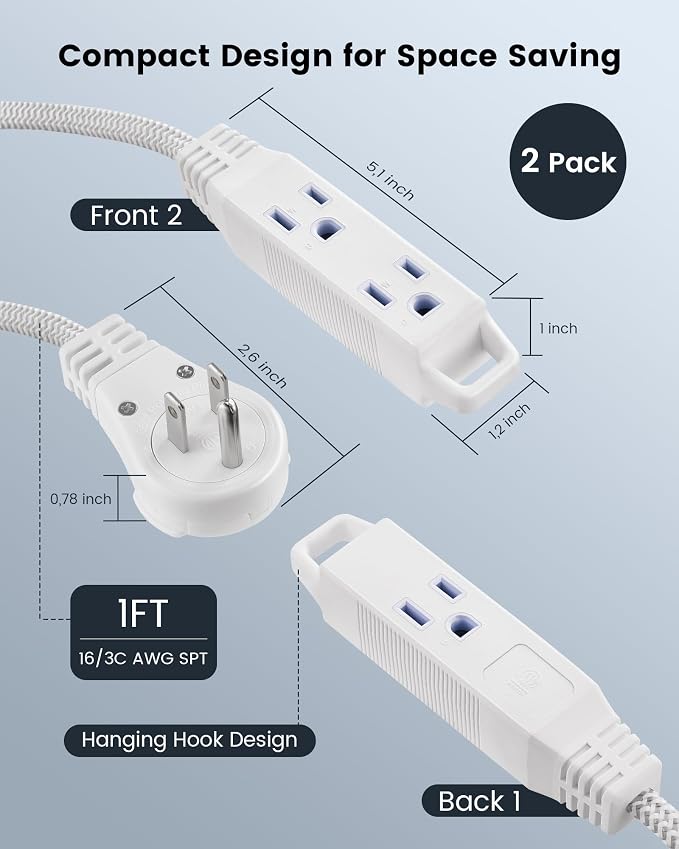 SURAIELEC 1FT Extension Cord, 360° Rotating Flat Plug Extension Cord Flat Wall - Image 7