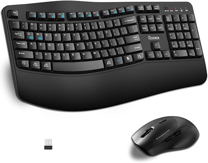 Wireless Keyboard and Mouse Combo, Full Size Wave Keys Ergonomic 2.4G Keyboard by RECCAZR