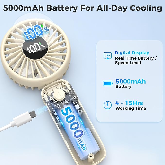 Portable Handheld Fan, 5000mAh Rechargeable Battery, Max 15H Cooling, 4 Speeds - Image 4
