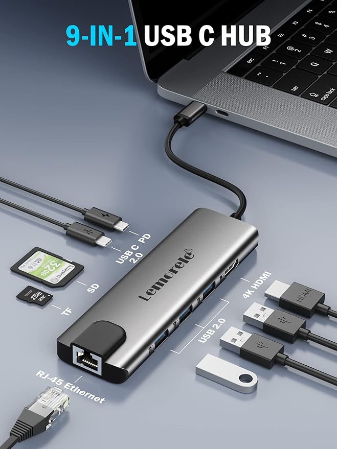 Lemorele USB C Hub Multiport Adapter 9 in 1 w/Gigabit Ethernet, 100W PD - Image 2