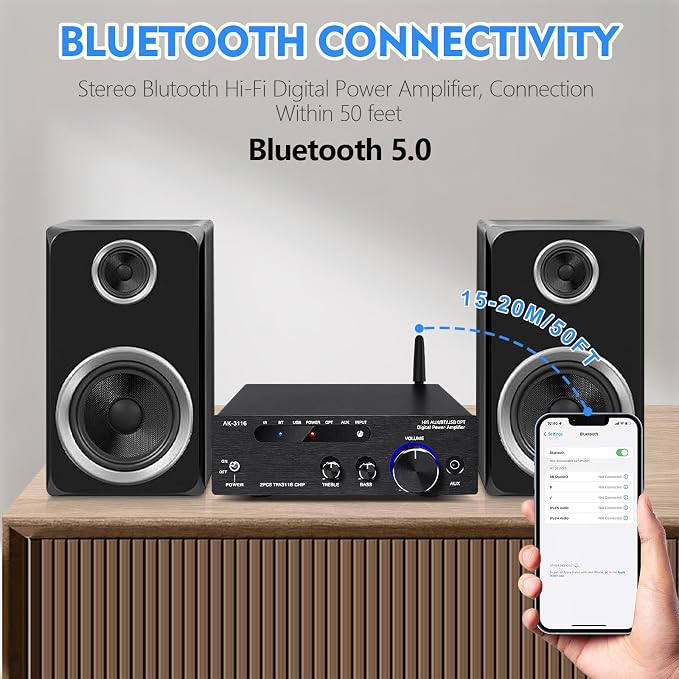 Amplifier Home Audio, Stereo Receiver Bluetooth 5.0 Power amp 100W x2 Wireless - Image 6