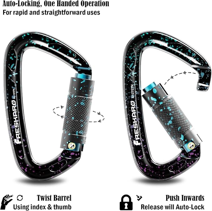FresKaro UIAA Certified 25KN Auto Locking Climbing Carabiner Clips, Twist Lock - Image 2