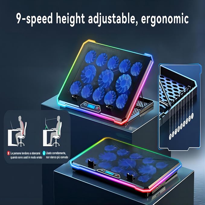 Gaming Laptop Cooler with 13 Ultra Quiet Fans, LCD Screen and Multi Color RGB - Image 7