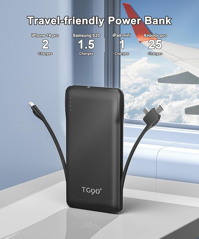TG90° Portable Charger with Cords 10000mAh Power Bank with Built in Cables - Image 5
